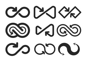 Set of infinity arrow icon collection, infinity symbol, symbolizing endless movement and direction. Perfect for logos, business concepts, navigation, and design elements. flat vector illustration.