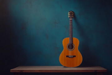Acoustic guitar resting on a wooden table against a textured dark blue wall backdrop