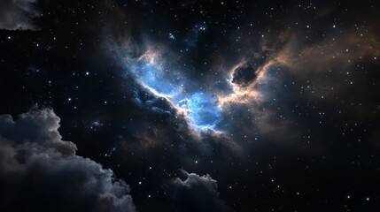 Obraz premium A dark space background with nebula clouds, stars, and fog. The main colors of the picture are blue, gold, and black. A large cloud in the foreground is illuminated by light from behind. 