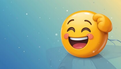 Cheerful 3D Emoji Character with Hand on Head, Smiling Widely, Happy Expression, Bright Yellow, Fun Illustration, Digital Art, Cartoon Style,  Background with Soft Blue Hues and Sparkling Particles