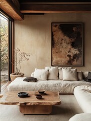 Neutral toned living room features earthy elements and soft textures