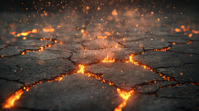 Broken ground or wall concrete surface with hole, cracks and volcanic glow from behind it with smoke and sparkles. Realistic 3d vector illustration of floor or land fracture with fire light effect.