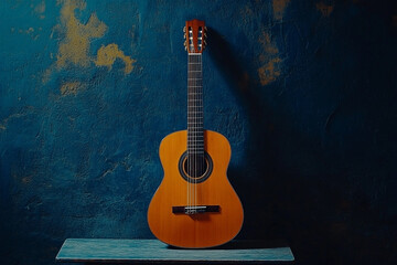 Acoustic guitar standing upright on a wooden table with textured dark blue wall in the background