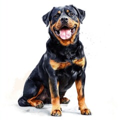 Fototapeta premium Happy Rottweiler Dog Sitting Portrait Watercolor Painting Style Canine Animal