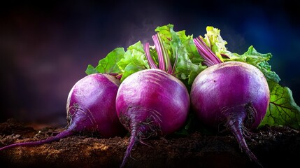 Freshly Gathered Organic Purple Turnips with Green Leaves on Dark Surface