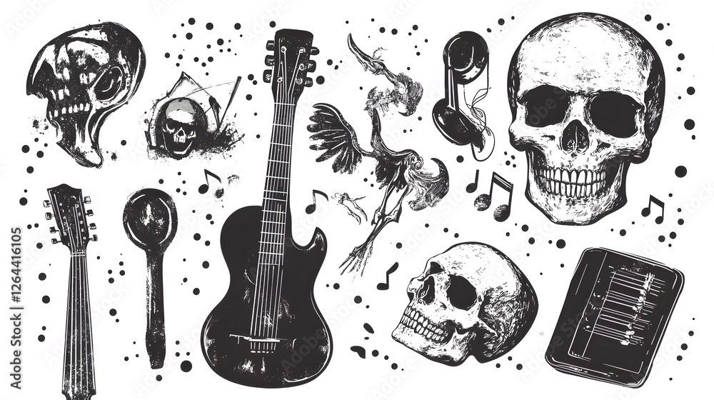 Poster Skull and Musical Instruments Grunge with Feather Quill and Ink Splatters