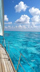 Obraz premium Sailing yacht, turquoise ocean, sunny sky, clouds. Travel brochure