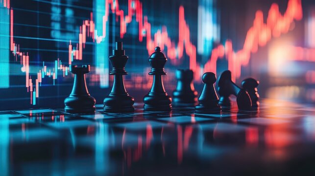 Chess Pieces on Board with Financial Graphs in the Background