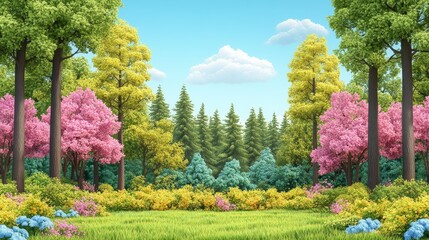 Vibrant Springtime Forest Landscape Lush Blooming Trees Colorful Meadow Scenery