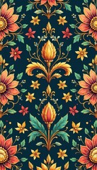 Whimsical damask-inspired print with gold accents and botanical elements, opulent patterns, gold damask wallpaper, damask print