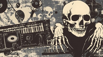 Skull and Skeletal Remains with Retro Music Equipment on Grungy Background