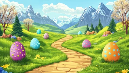 Fototapete Rund Colorful cartoon path flanked by Easter eggs, leading to mountains. © Khalida
