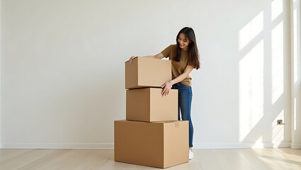 Happy Young Woman Unpacking Cardboard Boxes in New Home