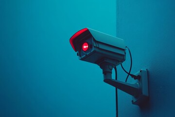 Security camera with red light on a blue wall.