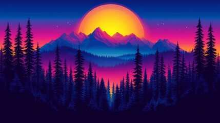 Vibrant Sunset over Silhouetted Mountain Range and Pine Forest Landscape