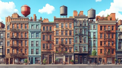 Vibrant Cityscape Row Houses Architectural Illustration Digital Painting