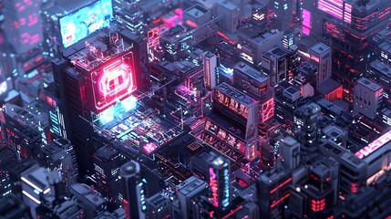 Cyberpunk City at Night: Isometric View of Glowing Neon Buildings and Pixelated Architecture