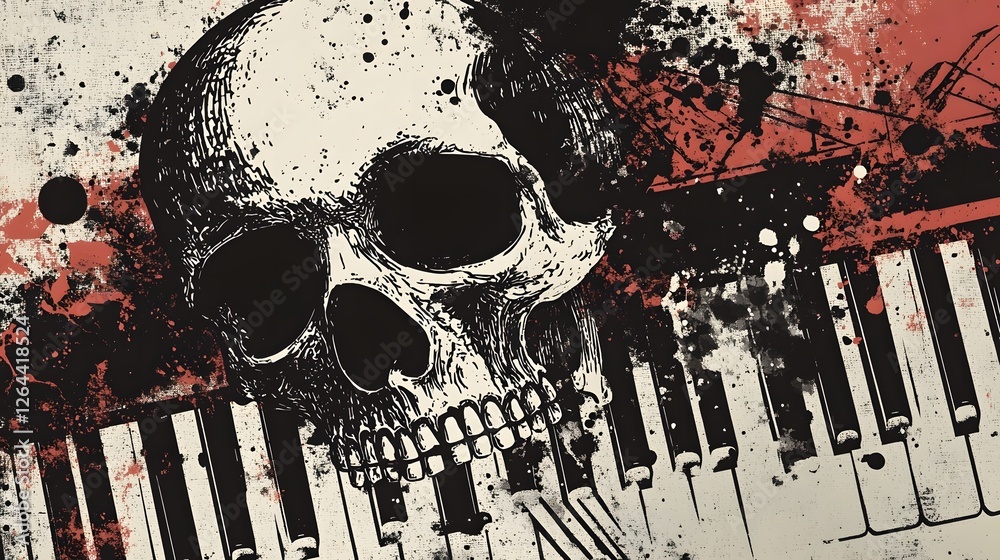 Poster skull emerging from splattered piano keys in dark composition