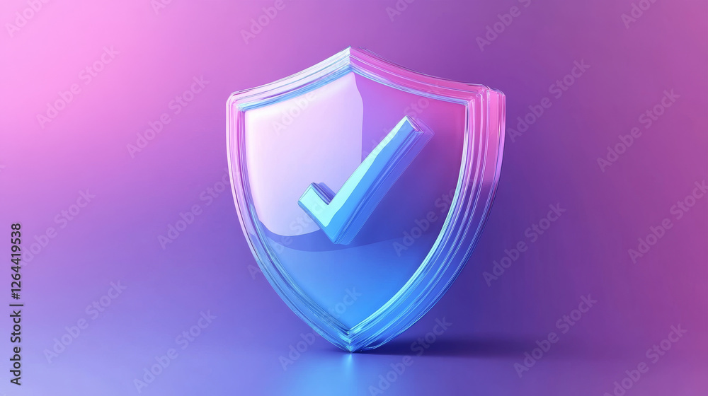 Wall mural 3d shield icon with safety check badge vector. secure tick mark for quality guard guarantee. isolate