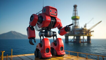 robot, droid, oil rig, pointing robot, oil rig, sea rig, technology, future, modern, machinery, industry, import, export, fuel, desert rig, sea, sand, ocean, oil, electricity, illustration, electronic