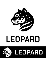 A modern and stylish black and white vector illustration of a leopard head with a sleek, abstract design, featuring bold lines and spots
