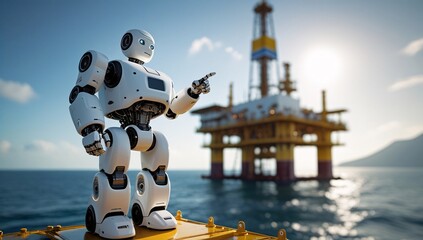 Naklejka premium robot, droid, oil rig, pointing robot, oil rig, sea rig, technology, future, modern, machinery, industry, import, export, fuel, desert rig, sea, sand, ocean, oil, electricity, illustration, electronic