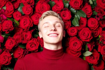 Commercial ad campaign visual idea. Valentine's day greeting from man or for man: dazzling bold image of loving caucasian young guy. Love confession. Ideal boyfriend. Love journey. Man love.