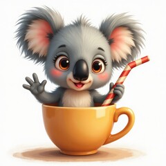 Fototapeta premium Cute Koala Waving in Orange Mug with Striped Straw