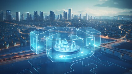 Futuristic smart city skyline with skyscrapers and high rise buildings protected by an invisible cybersecurity shield representing the concept of advanced urban infrastructure digital security