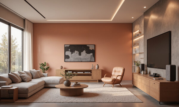 Tech-savvy family room in soft peach, featuring AI-powered furniture that adjusts for comfort based on family activities, and smart entertainment