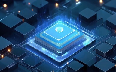 Illuminated Microprocessor Chip Glowing in a Modern Technological Environment with Futuristic Vibes
