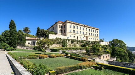Grand Yellow Stone Palace on a Hillside with Lush Gardens