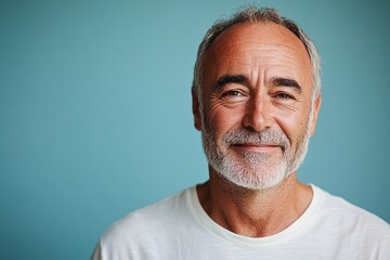 Fototapeta premium Happy mature man smiling against a teal background