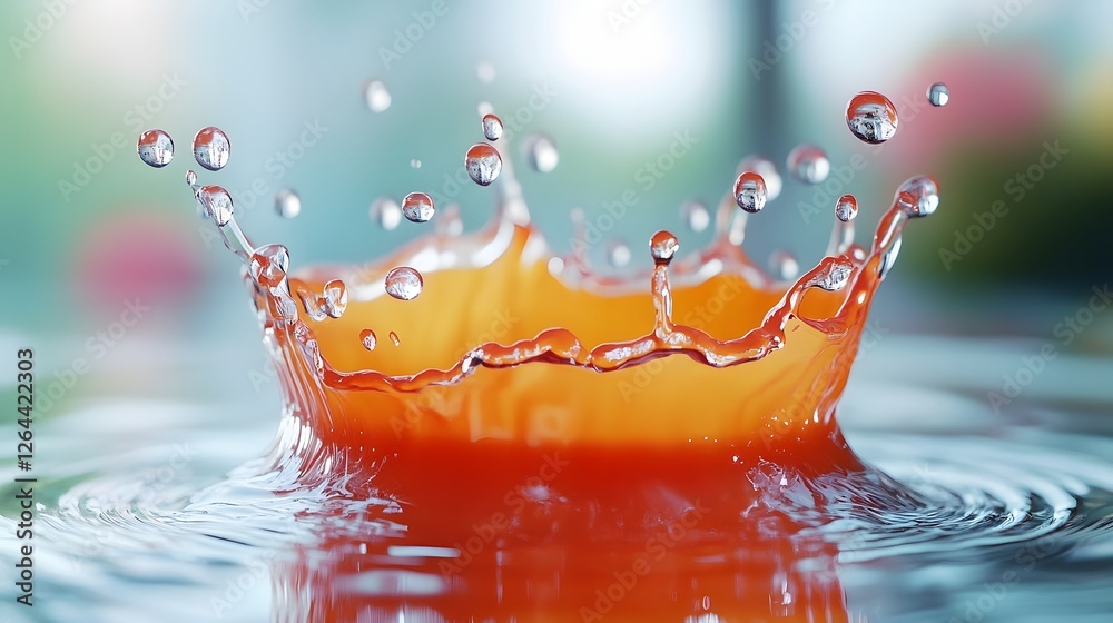 Poster Vibrant orange splash of water droplets colliding and bursting on a smooth reflective surface creating a dynamic energetic and visually captivating abstract effect