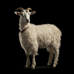 Fototapeta premium A white goat with small horns and a collar stands against a black background