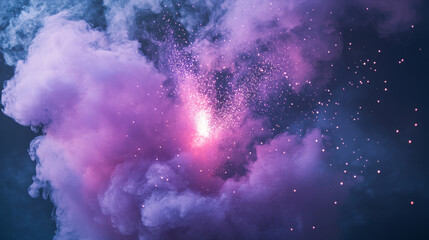 Star explosion with glow, smoke and sparkles. Magic burst effect with bright purple light, blue sparks and steam isolated on transparent background, vector realistic illustration