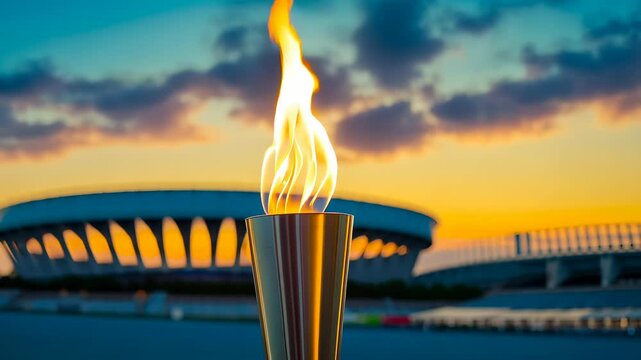 Olympic torch flame burning brightly against a vibrant sunset, with a modern stadium in the background, symbolizing unity and sportsmanship background video 4k