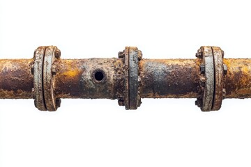 Rusty pipe with three flange connections shows significant corrosion. Illustrates aging infrastructure, decay, or industrial neglect.