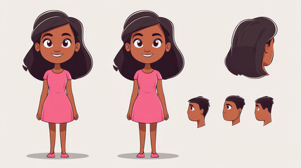 Woman character for animation, side, rear, front view and face emotions. Young girl body constructor. Cartoon female personage with dark skin and black hair wear pink dress, Line art flat vector set