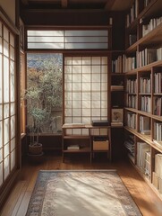Obraz premium A japanese style room featuring natural light and bookshelves
