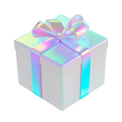 Obraz premium Iridescent Ribbon on White Gift Box, Stylish 3D Rendered Present Icon, Cutout Isolated on White Background.