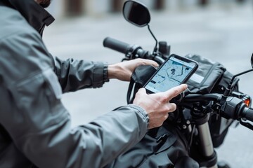 Motorcyclist using smartphone GPS navigation while riding motorcycle outdoors.