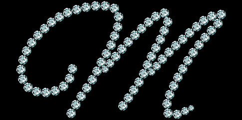 Silver Rhinestone Diamonds Alphabet Letter M Luxury Text Design Vector Illustration.	