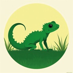Obraz premium Green Lizard in Grass, Yellow Background