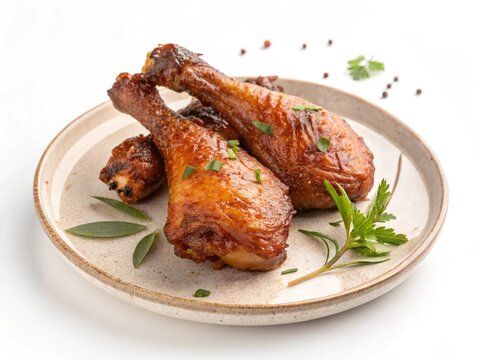 Two crispy fried chicken drumsticks are presented on a plate, garnished with fresh herbs and spices. The golden brown skin and juicy meat make them look irresistible