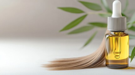 Fototapeta premium A bottle of nourishing oil with a lock of hair and green leaves, symbolizing hair care and health.