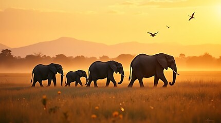Fototapeta premium African Sunset: Elephants Silhouette in Golden Savanna