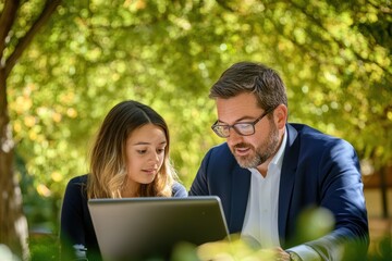 A man and woman collaborate on a laptop outdoors, in a sunny, green park setting.