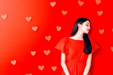 Valentine's day greeting from woman or for woman. Breathtaking noticeable image of gorgeous loving asian adult woman - commercial promotion visual idea graphic design. Love inspiration.