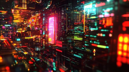 Obraz premium Futuristic Digital Cityscape with Neon Lights and Data Streams